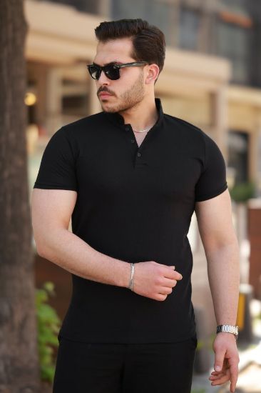 Erkek Hakim Yaka Dokuma Pamuklu Kumaş Kısa Kollu T-shirt resmi